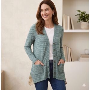 LOGO Lori Goldstein Sweater L Button Front Cardigan Green Striped Hi-Low Knit